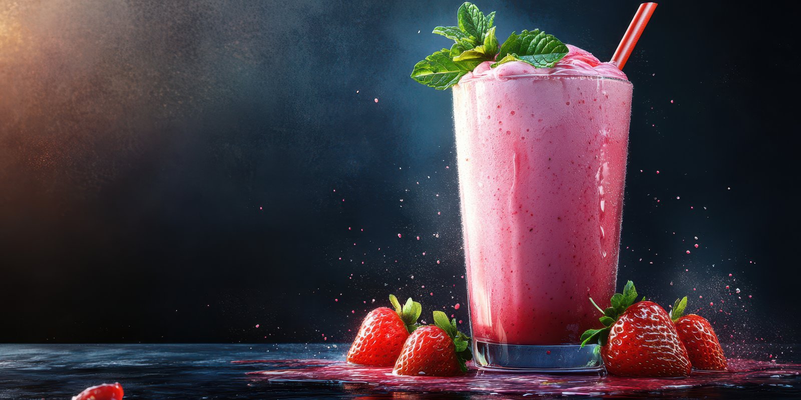 Refreshing strawberry smoothie served in a tall glass with mint and fresh strawberries
